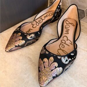 Sam Edelman Black and Gold Floral Rodney d’Orsay Flats